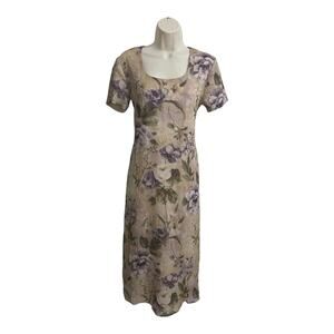 Connected Apparel Floral Textured Midi Dress Lined Short Sleeve Beige Size 8